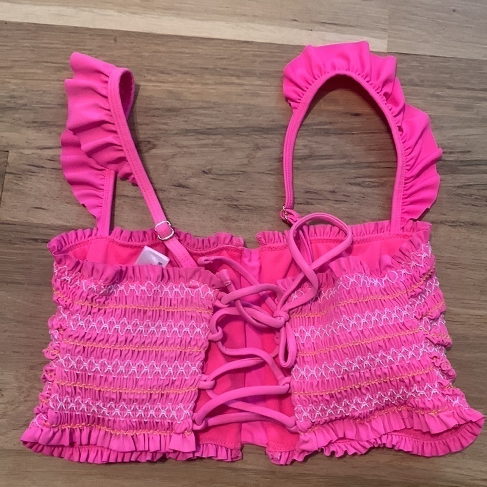 ARIZONA Jean Co. Ruffle Straps Smocked Bandeau Swimsuit Top Hot Pink Women’s M - Picture 6 of 9